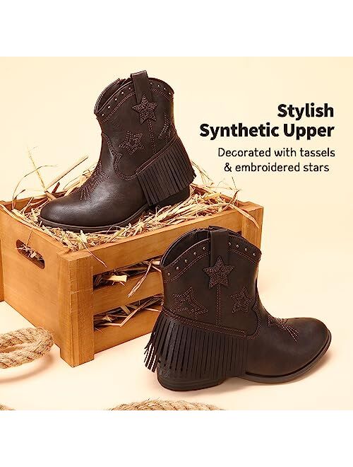 DREAM PAIRS Girls Cowgirl Cowboy Ankle Western Boots Side Zipper Riding Shoes with Tassel Little Kid/Big Kid