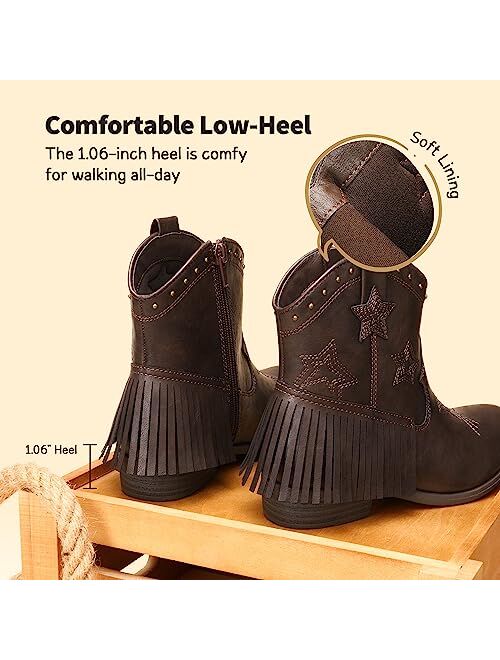 DREAM PAIRS Girls Cowgirl Cowboy Ankle Western Boots Side Zipper Riding Shoes with Tassel Little Kid/Big Kid