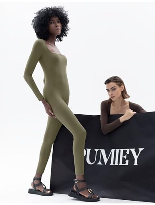 PUMIEY Jumpsuits for Women Square Neck Long Sleeve Bodycon Unitard One Piece Outfits Chill Collection