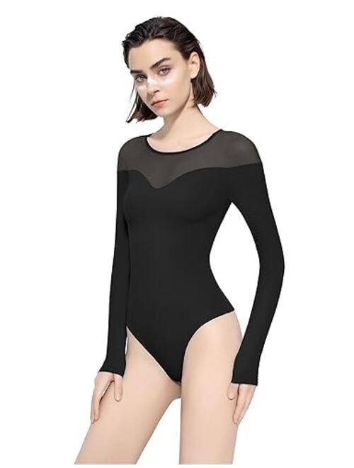 PUMIEY Mesh Bodysuit for Women Crew Neck Long Sleeve Body Suits Sexy Sheer Tops Smoke Cloud Pro Collection