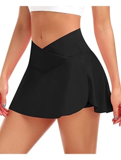 Pleated Tennis Skirts for Women High Waisted Crossover Skirt Athletic Golf Skort with Pockets