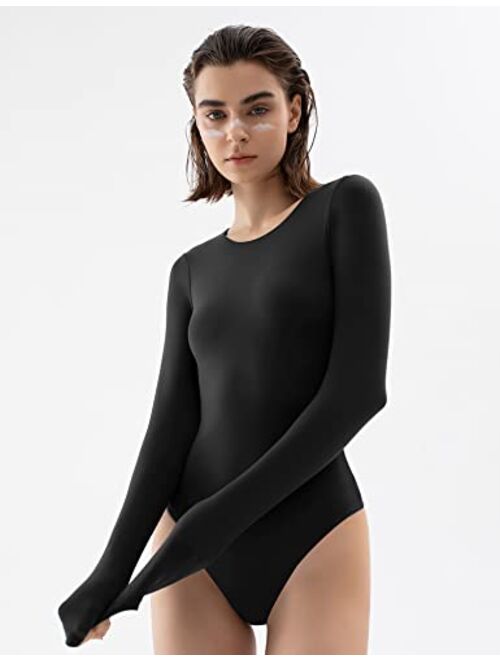 PUMIEY Women's Crew Neck Long Sleeve Bodysuit Second-skin Feel Tops Smoke Cloud Collection