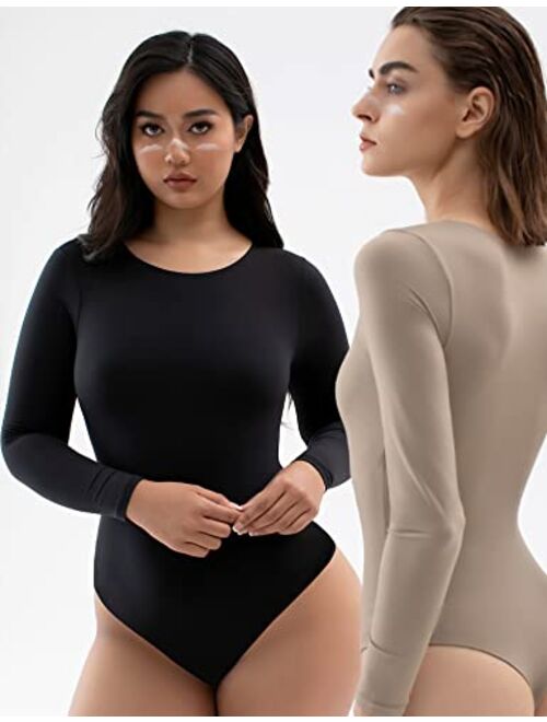 PUMIEY Women's Crew Neck Long Sleeve Bodysuit Second-skin Feel Tops Smoke Cloud Collection
