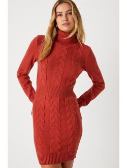 Plush Poise Burnt Orange Cable Knit Mini Sweater Dress