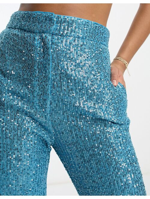 ASOS DESIGN Tall straight sequin ankle grazer pants in turquoise