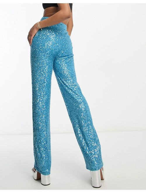 ASOS DESIGN Tall straight sequin ankle grazer pants in turquoise