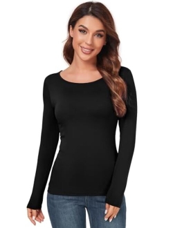 AUHEGN Women's Scoop Neck Tops Long Sleeve Slim Fit T Shirt Thermal Blouse Basic Layer Shirts