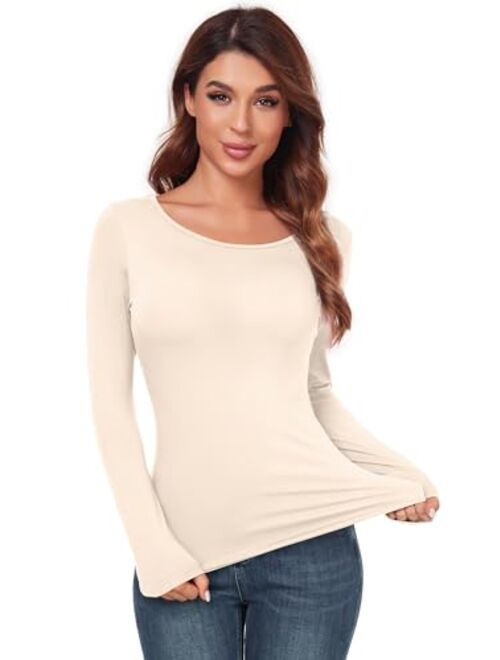 AUHEGN Women's Scoop Neck Tops Long Sleeve Slim Fit T Shirt Thermal Blouse Basic Layer Shirts