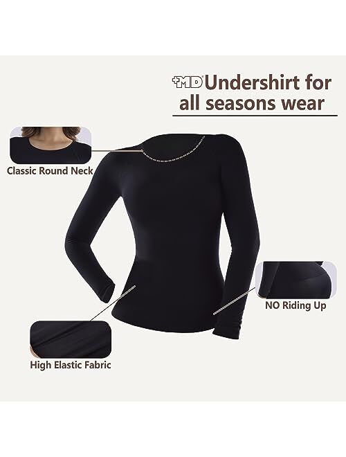 +MD Long Sleeve Undershirts Shapewear for Women, Light Compression Underscrubs Round Neck, Thermal Underwear,Slim Tops