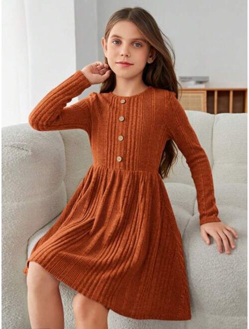 SHEIN Kids EVRYDAY Tween Girl Button Front Ribbed Knit Smock Dress