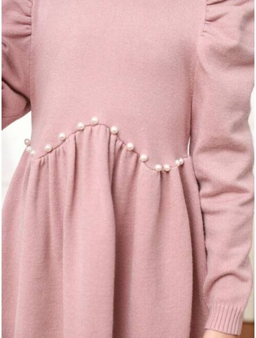 SHEIN Young Girl Pearls Beaded Gigot Sleeve Sweater Dress