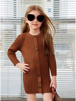 Young Girl Button Front Ribbed Knit Sweater Dress