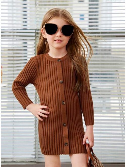 SHEIN Young Girl Button Front Ribbed Knit Sweater Dress