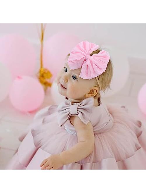 YanJie Baby Bows Nylon Headbands, Handmade Lace Baby Girl Bows Stretchy Newborn Headbands Hair Bows for Baby Girls Accessories for Infants Toddlers Child Pink Purple Yell
