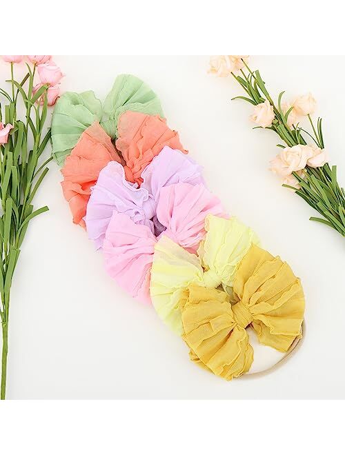 YanJie Baby Bows Nylon Headbands, Handmade Lace Baby Girl Bows Stretchy Newborn Headbands Hair Bows for Baby Girls Accessories for Infants Toddlers Child Pink Purple Yell