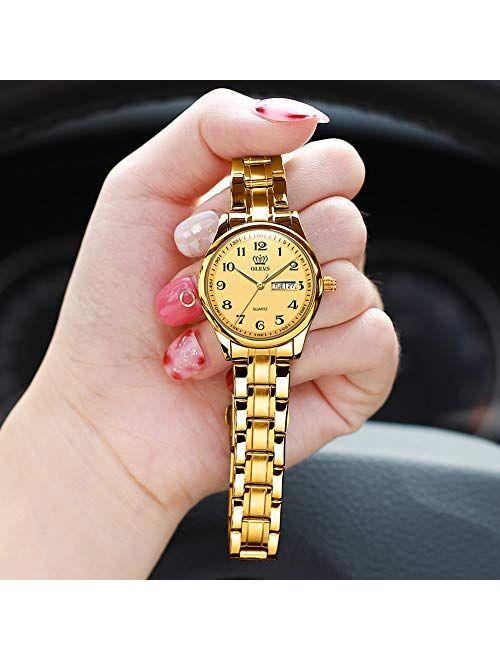 OLEVS Women Watches Gold Silver Stainless Steel Waterproof Analog Large Easy Reader Day Date Watches