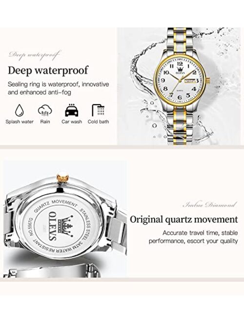 OLEVS Women Watches Gold Silver Stainless Steel Waterproof Analog Large Easy Reader Day Date Watches