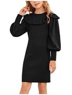 Girls Sweater Dress Crew Neck Knit Puff Long Sleeves Ruffles Fall Winter Jumper Pullover Dresses for 5-14 Years