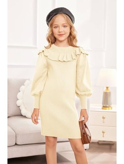 Arshiner Girls Sweater Dress Crew Neck Knit Puff Long Sleeves Ruffles Fall Winter Jumper Pullover Dresses for 5-14 Years