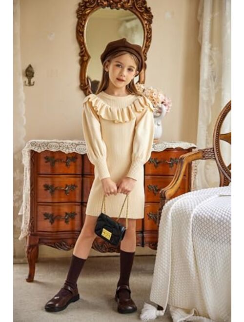 Arshiner Girls Sweater Dress Crew Neck Knit Puff Long Sleeves Ruffles Fall Winter Jumper Pullover Dresses for 5-14 Years