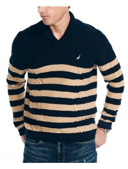 Men's Shawl-Neck Striped Cable-Knit Sweater