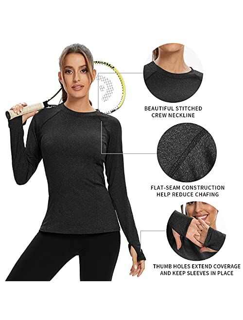 Soneven Women Fleece Thermal Long Sleeve Running Shirt Workout Tops Moisture Wicking Athletic Shirts with Thumb Holes