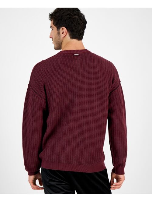 GUESS Men's Two Tone Crewneck Long Sleeve Waffle Knit Sweater