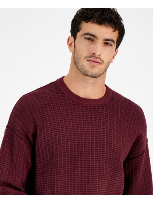 GUESS Men's Two Tone Crewneck Long Sleeve Waffle Knit Sweater