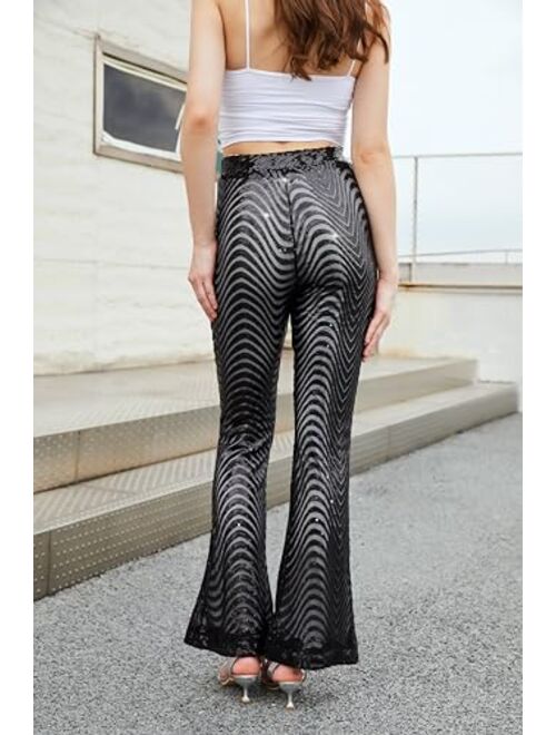 UOIGHF Womens Sequin Pants High Waisted Sparkle Bell Bottoms Water Ripple Trousers Glitter Long Flare Leg Pants