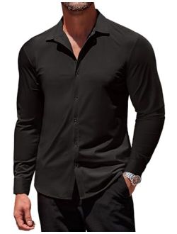 Men's Muscle Fit Dress Shirts Stretch Wrinkle-Free Long Sleeve Casual Button Down Shirts
