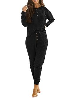 Women's 2 Piece Waffle Knit Lounge Outfit Long Sleeve Henley Top and Sweatpants Set Tracksuit
