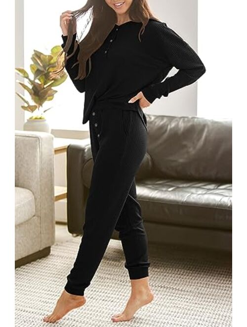 PRETTYGARDEN Women's 2 Piece Waffle Knit Lounge Outfit Long Sleeve Henley Top and Sweatpants Set Tracksuit