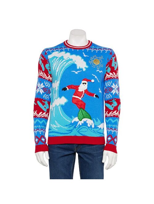 licensed character Men's Crewneck Surfing Santa Christmas Sweater
