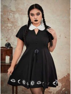 Goth Plus Sun & Moon Print Contrast Collar Dress