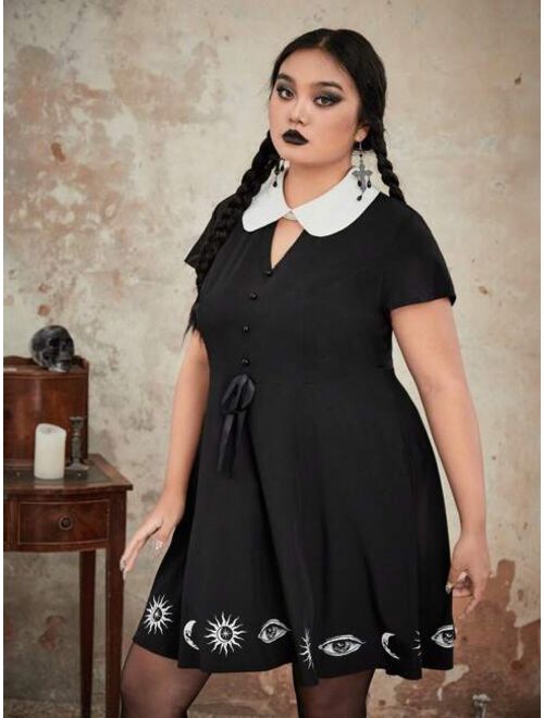 ROMWE Goth Plus Sun & Moon Print Contrast Collar Dress