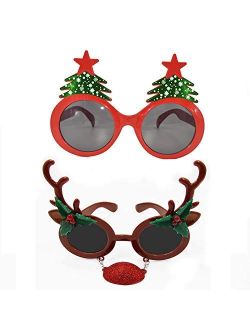 BOLZRA Christmas Sunglasses Props, 2 Pack Cartoon Reindeer Xmas Tree Eyeglasses Costume Glasses for New Year Party Favors Ornaments Gift