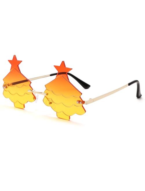 Bouryo Christmas Tree Sunglasses for Women Men Rimless Rave Christmas Party Eyeglasses
