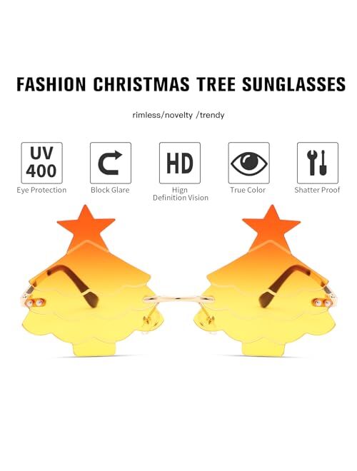 Bouryo Christmas Tree Sunglasses for Women Men Rimless Rave Christmas Party Eyeglasses