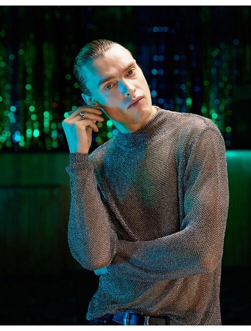 Topman chainmail turtle neck sweater in silver