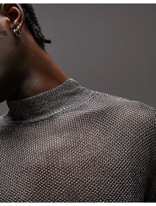 Topman chainmail turtle neck sweater in silver