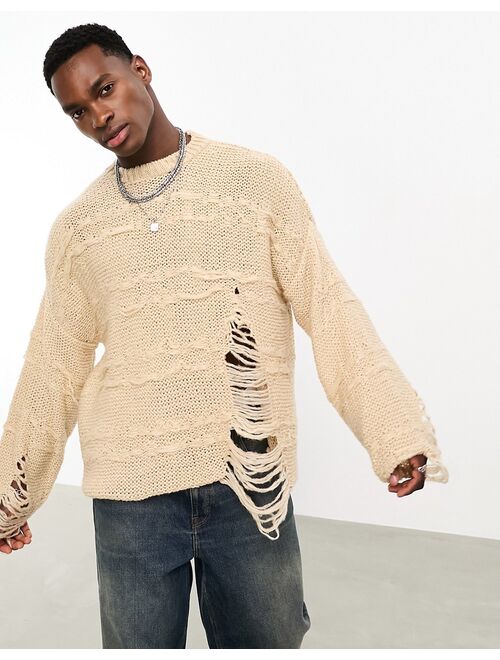 ASOS DESIGN oversized knitted distressed sweater in stone