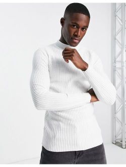 knit essential ribbed turtle neck sweater in white