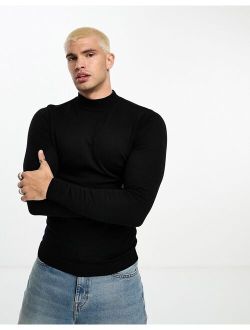 muscle fit knit essential turtle neck sweater in black