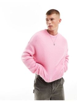 oversized knit fluffy crew neck sweater in pink