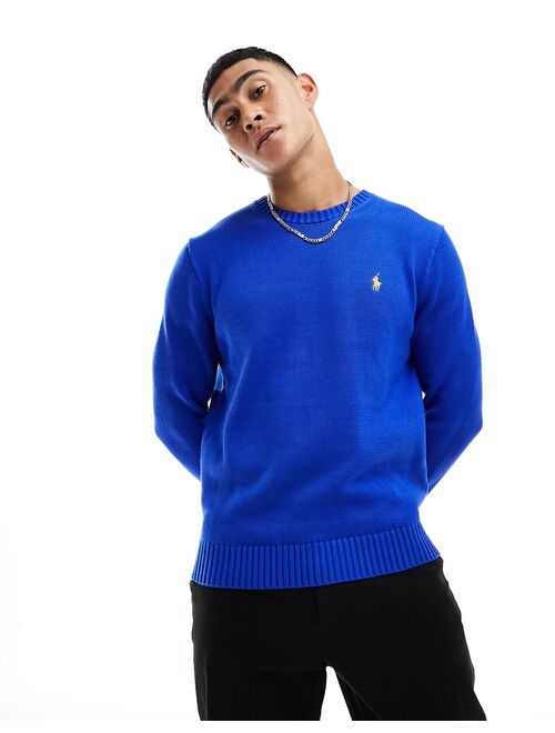 Polo Ralph Lauren icon logo heavyweight cotton knit sweater in mid blue