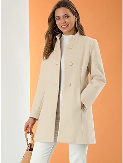 Allegra K Women's Winter Overcoat Mid-Long Stand Collar Woolen Single Breasted Coat Outerwear