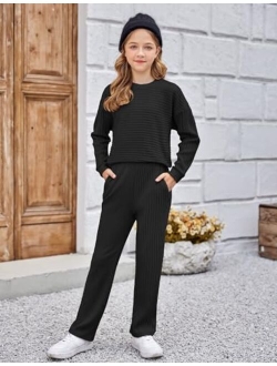 Girl's 2 Piece Outfit Sweater Set Batwing Long Sleeve Ribbed Knit Top and Straight Leg Pants Sweatsuits with Pockets