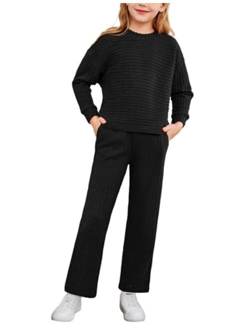 Arshiner Girl's 2 Piece Outfit Sweater Set Batwing Long Sleeve Ribbed Knit Top and Straight Leg Pants Sweatsuits with Pockets