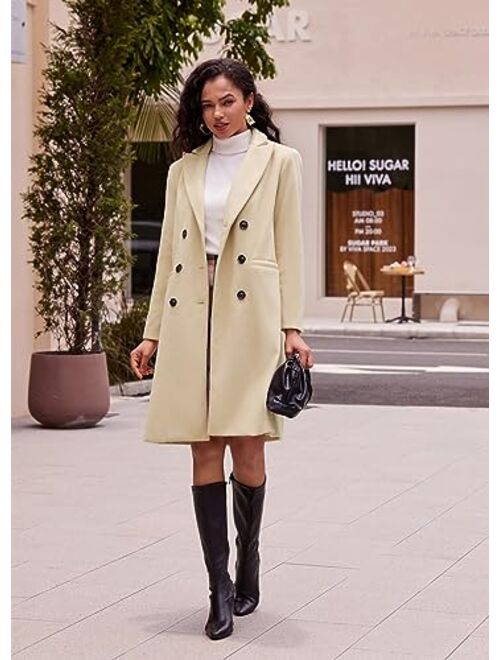 Kate Kasin Trench Coats for Women 2023 Winter Faux Wool Notch Lapel Double-Breasted Long Peacoat with Slit Pockets
