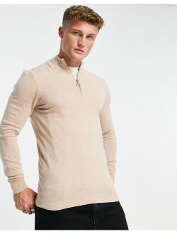 slim fit zip funnel neck knitted sweater in oatmeal
